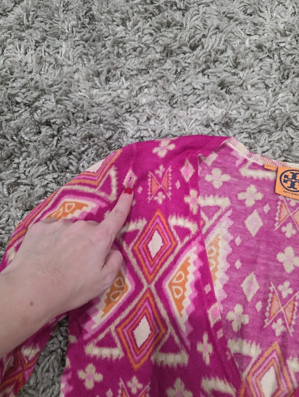 Tory Burch 100% Merino Wool Pink Print Cardigan Sweater Size Small